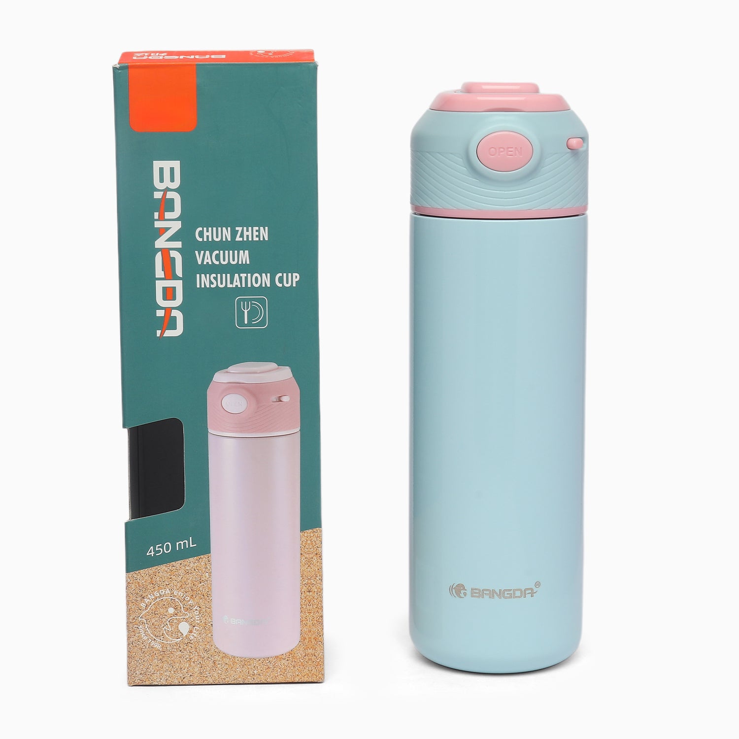 Premium quality vacuum stainless steel insulated sipper bottle lockable popup lid- 450ml (baby blue) - Kidspark